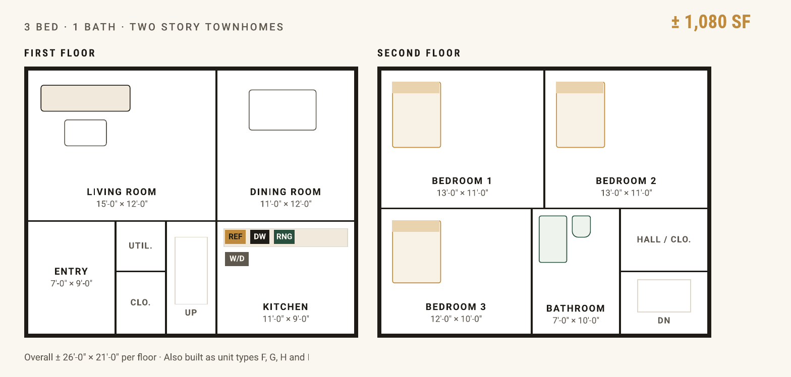 Floor plan drawing of the 3 bed / 1 bath two-story townhome layout