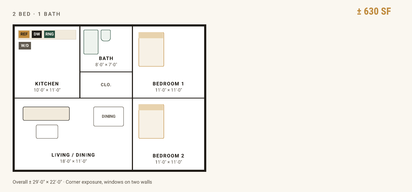 Floor plan drawing of the 2 bed / 1 bath layout