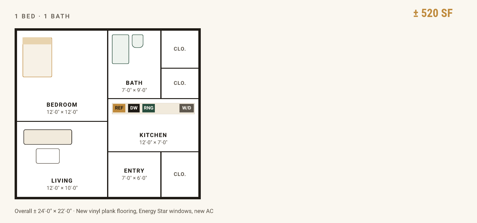 Floor plan drawing of the 1 bed / 1 bath layout